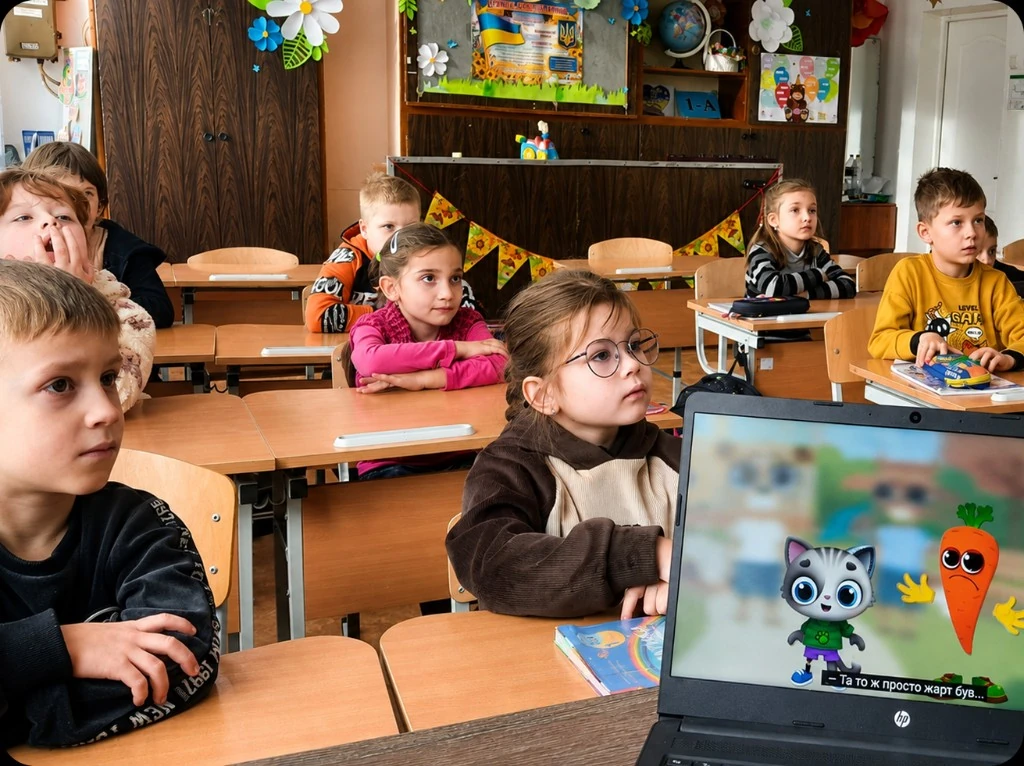 Діти дивляться мультфільм на ноутбуці