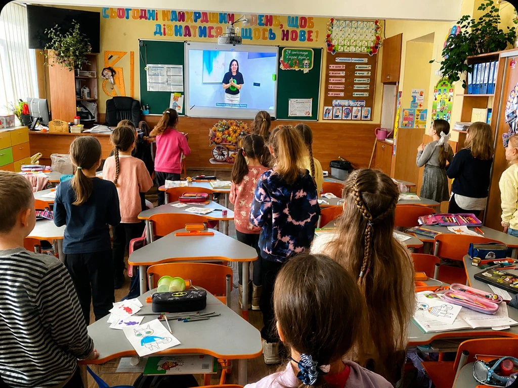 Діти дивляться мультфільм на проєкторі