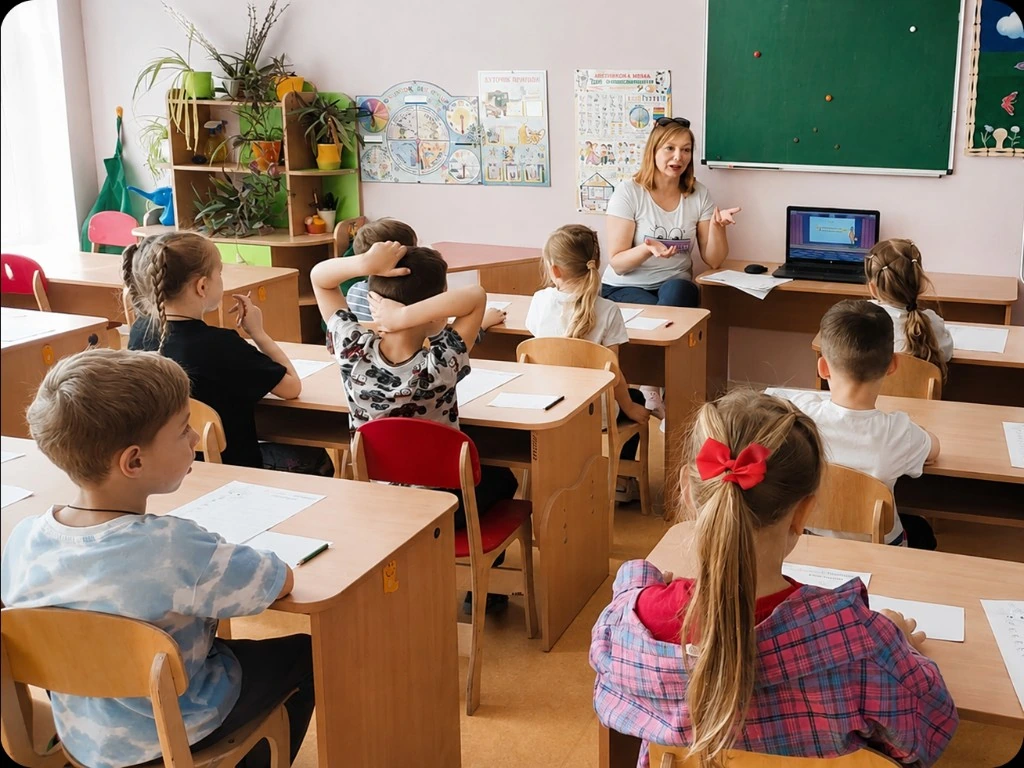 Учителька розмовляє з дітьми в класі