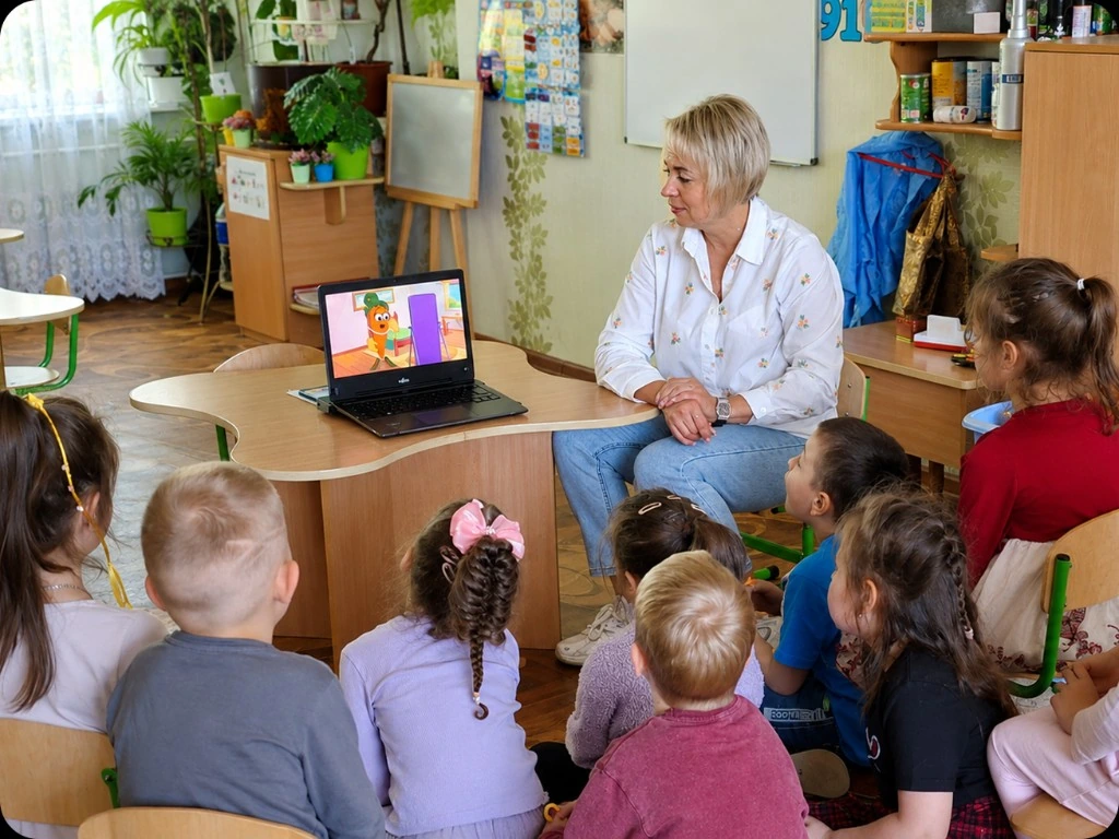 Діти дивляться мультфільм на ноутбуці