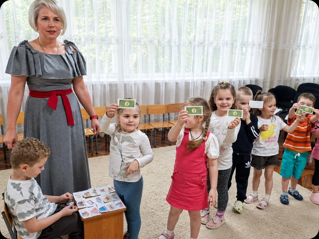 Діти з картками та ігровими грошима на занятті