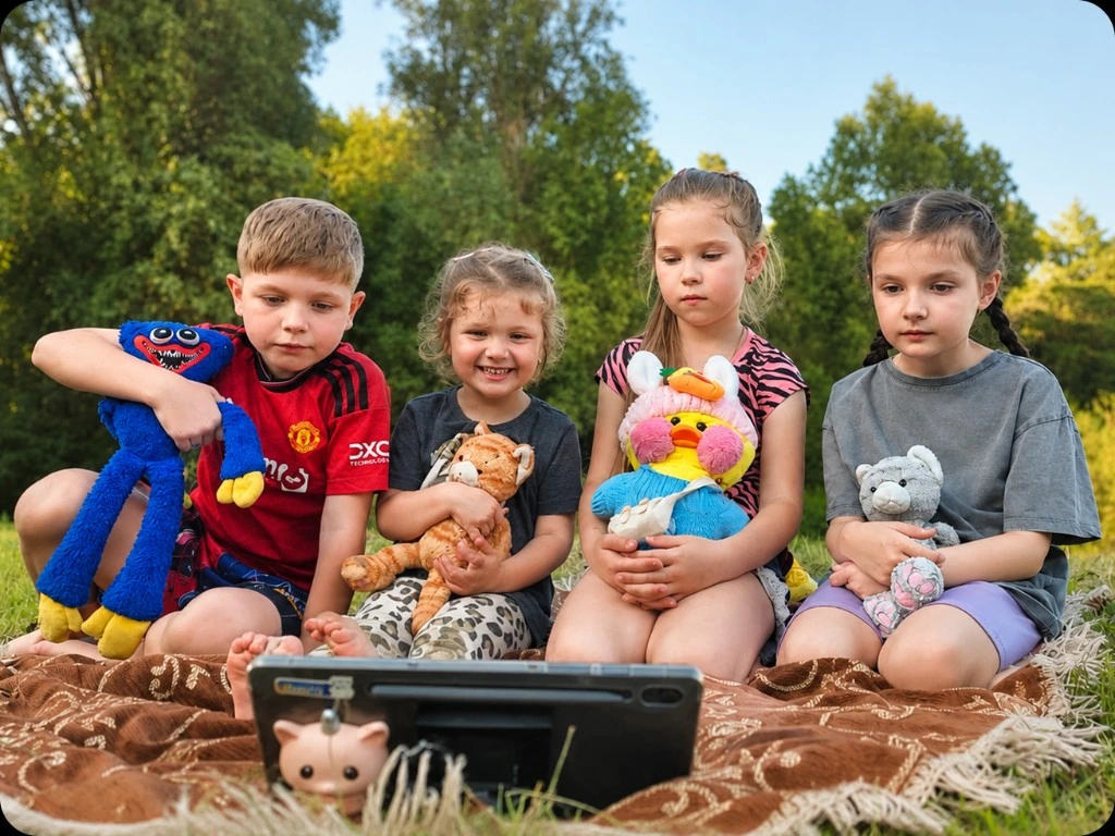 Діти з іграшками дивляться планшет на ковдрі